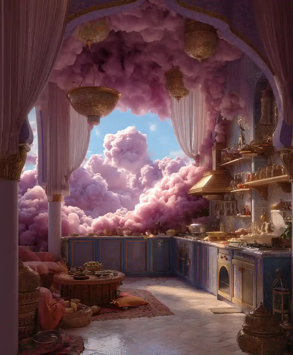 Cuisine fantastique dans les nuages aux couleurs bonbon éclatantes