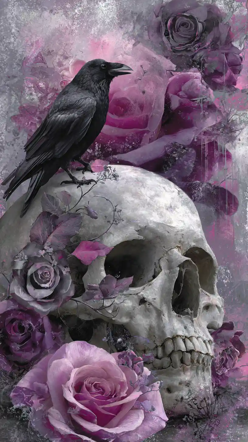 Gothic Raven On Aged Skull With Dark Roses