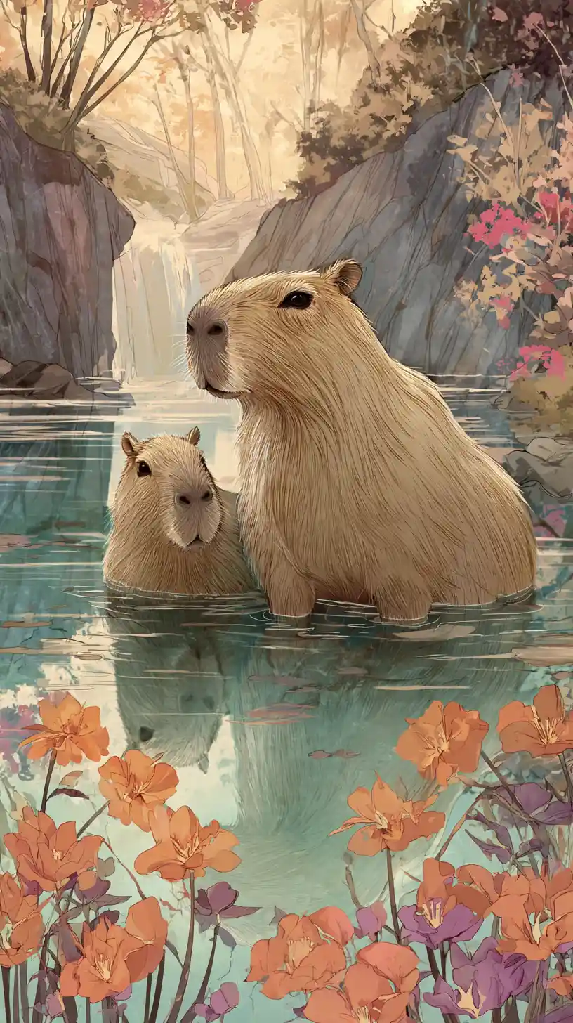 Two capybaras resting in a flower filled pond