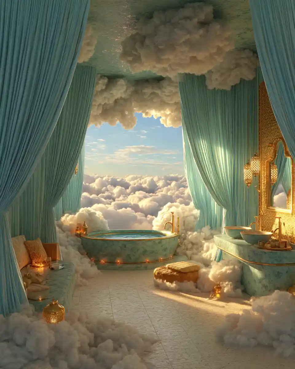Fantasy sky bathroom with flowing chiffon walls and clouds