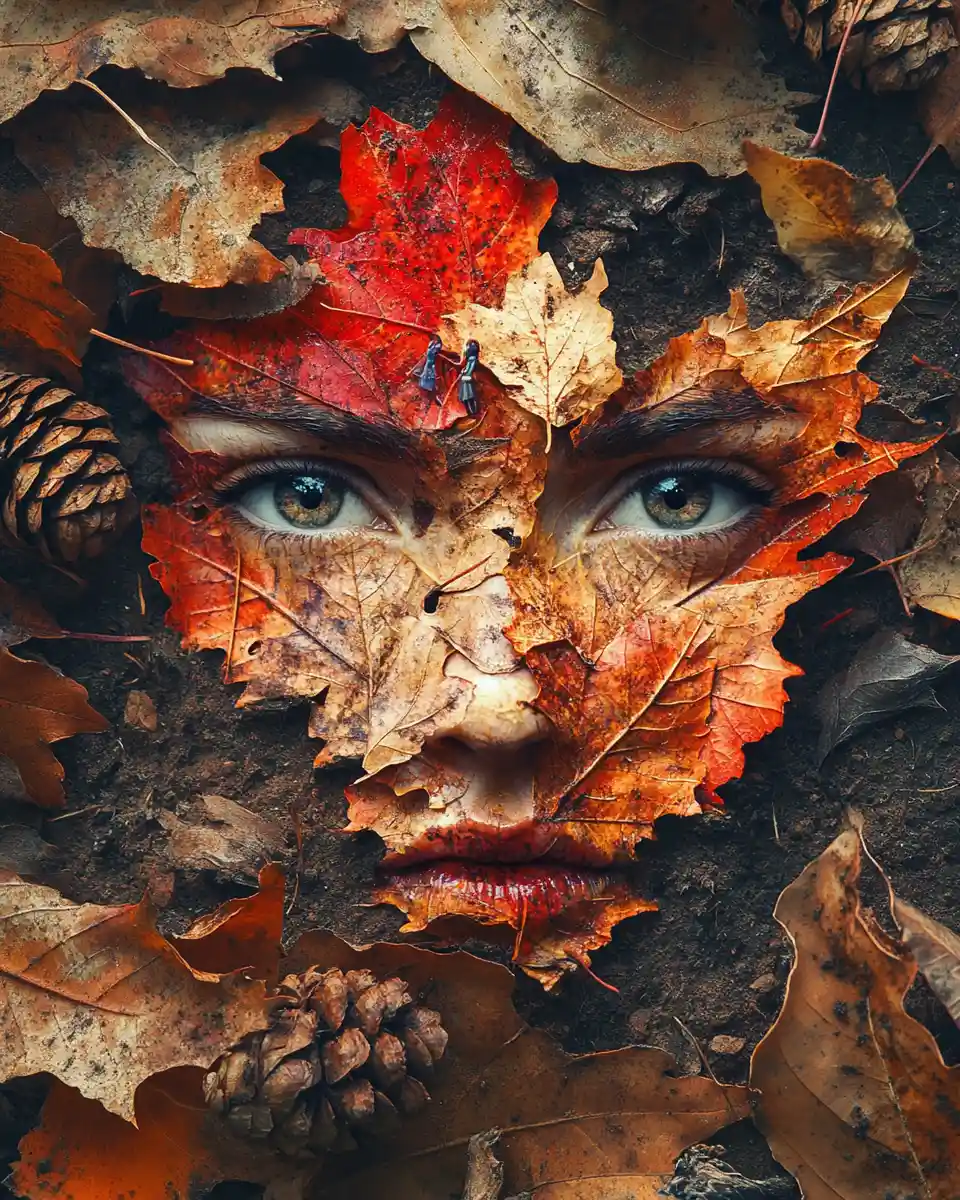 Surreal autumn leaf poster on forest floor with cones