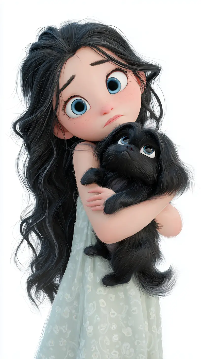 黒いシーズーの子犬を抱きしめる女の子のイラスト