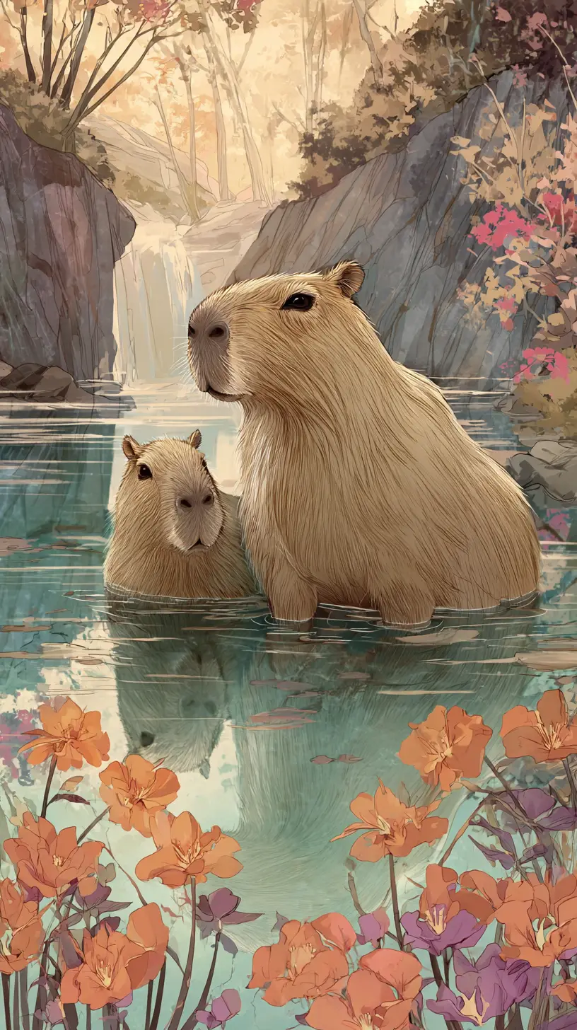 Two capybaras resting in a flower filled pond