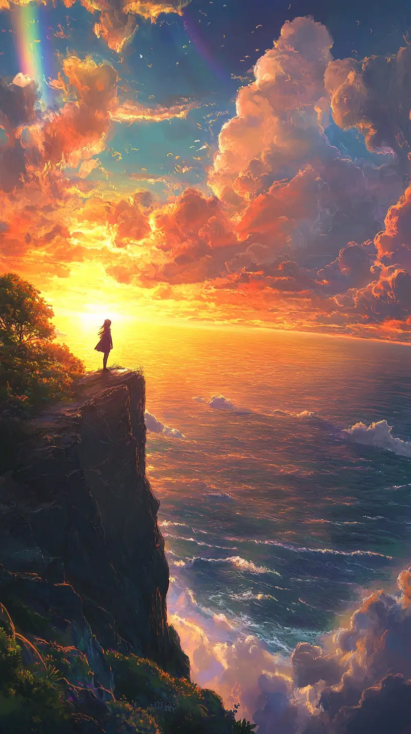 Anime girl on cliff above glowing sunset clouds