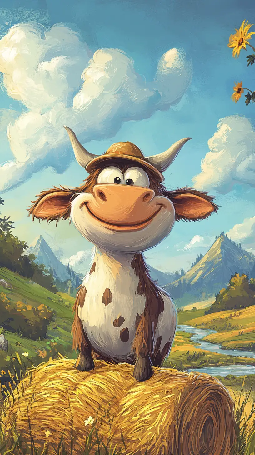 Cheerful Cartoon Straw Bale With Cow And Mouse