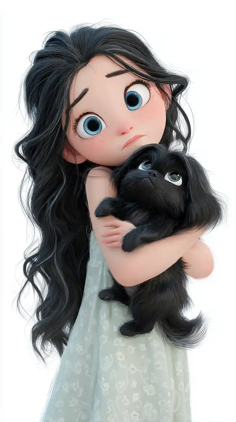 黒いシーズーの子犬を抱きしめる女の子のイラスト
