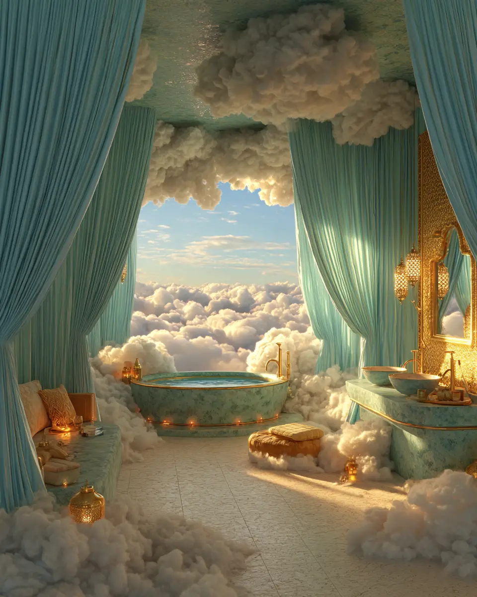 Fantasy sky bathroom with flowing chiffon walls and clouds