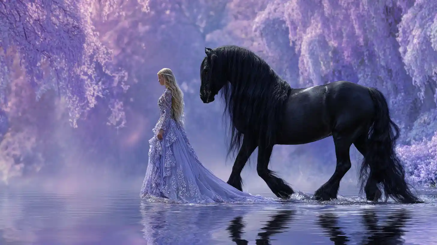 Magical princess girl walking by a tranquil river