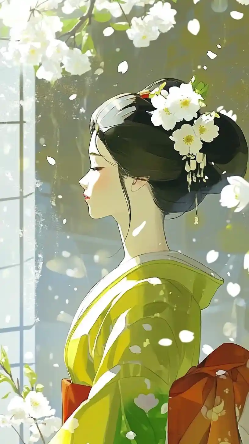 Elegant geisha in a couture kimono amid cherry blossoms