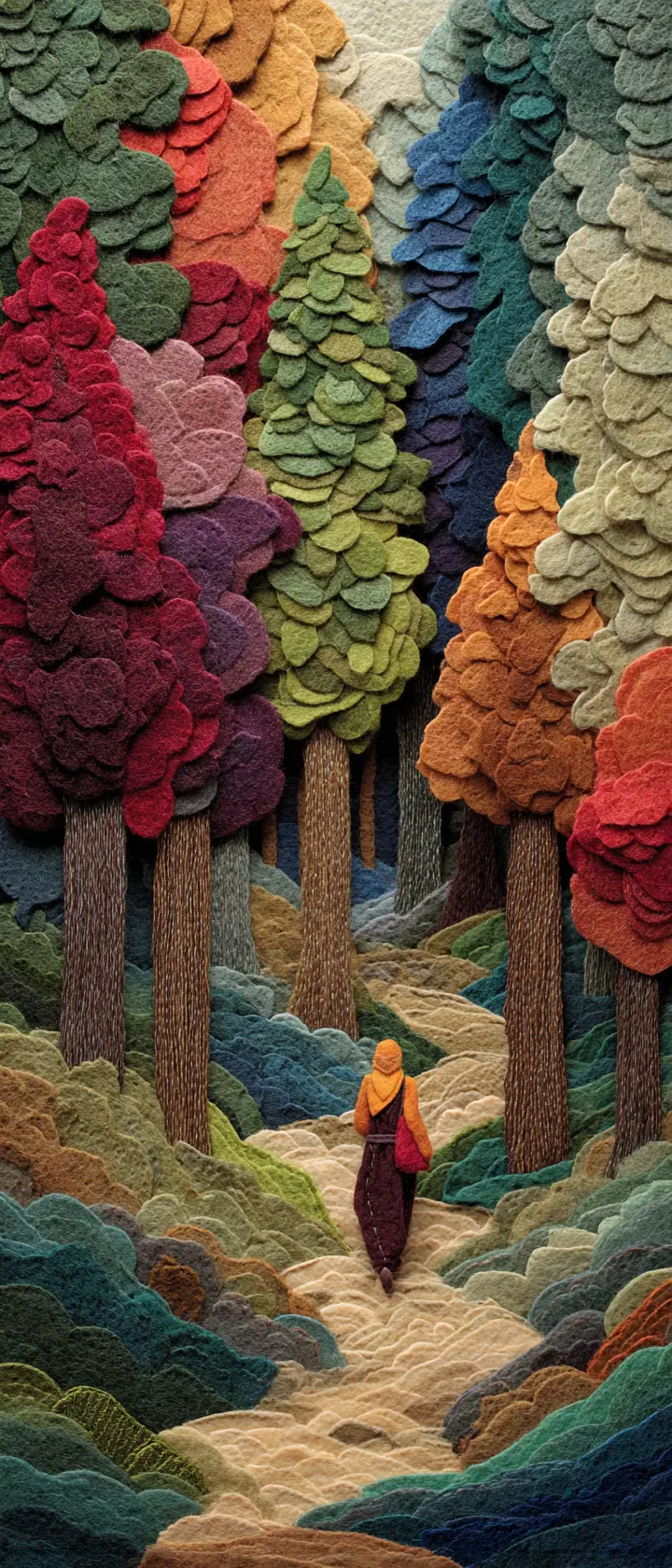 Felt art scene of a girl on a quiet forest trail
