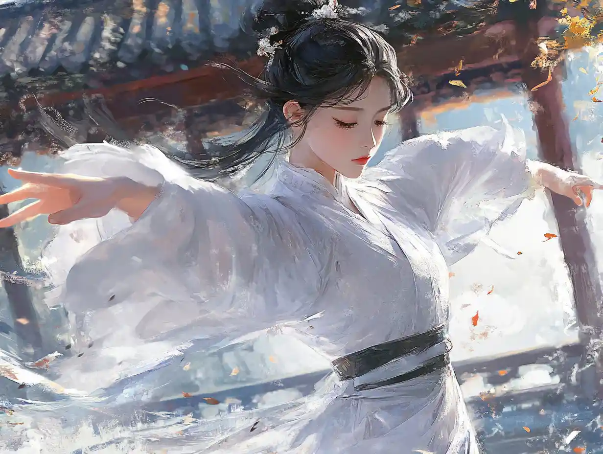 Jeune fille wuxia en hanfu près d’un pavillon paisible
