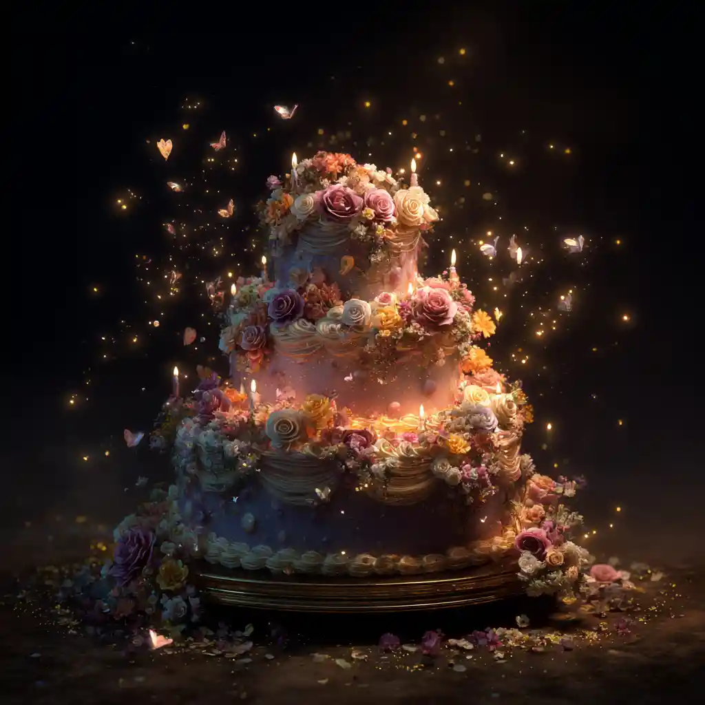 Fantasy birthday cake with flowers and glowing particles