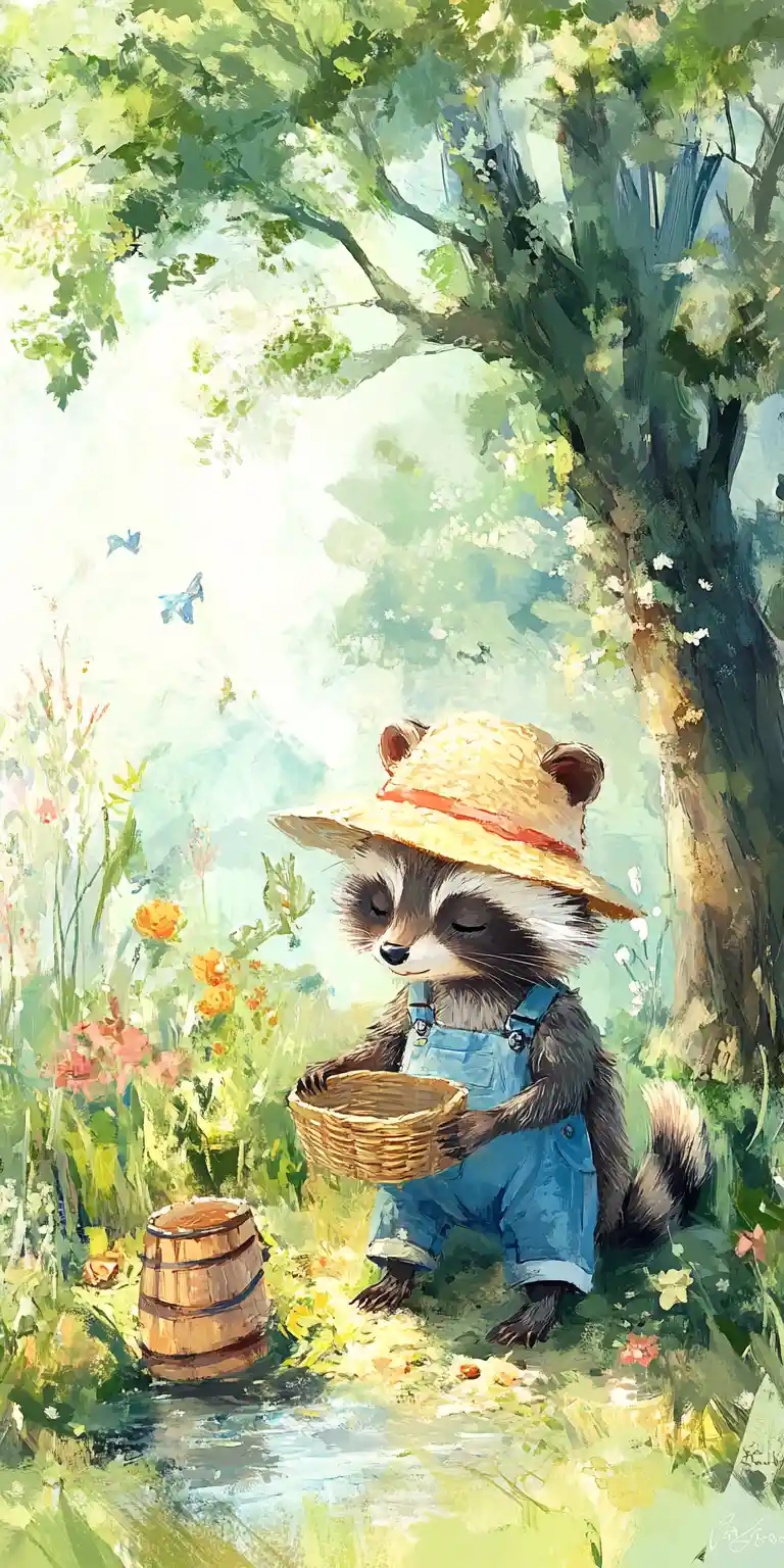 Cute raccoon gardening in a colorful fairy tale scene
