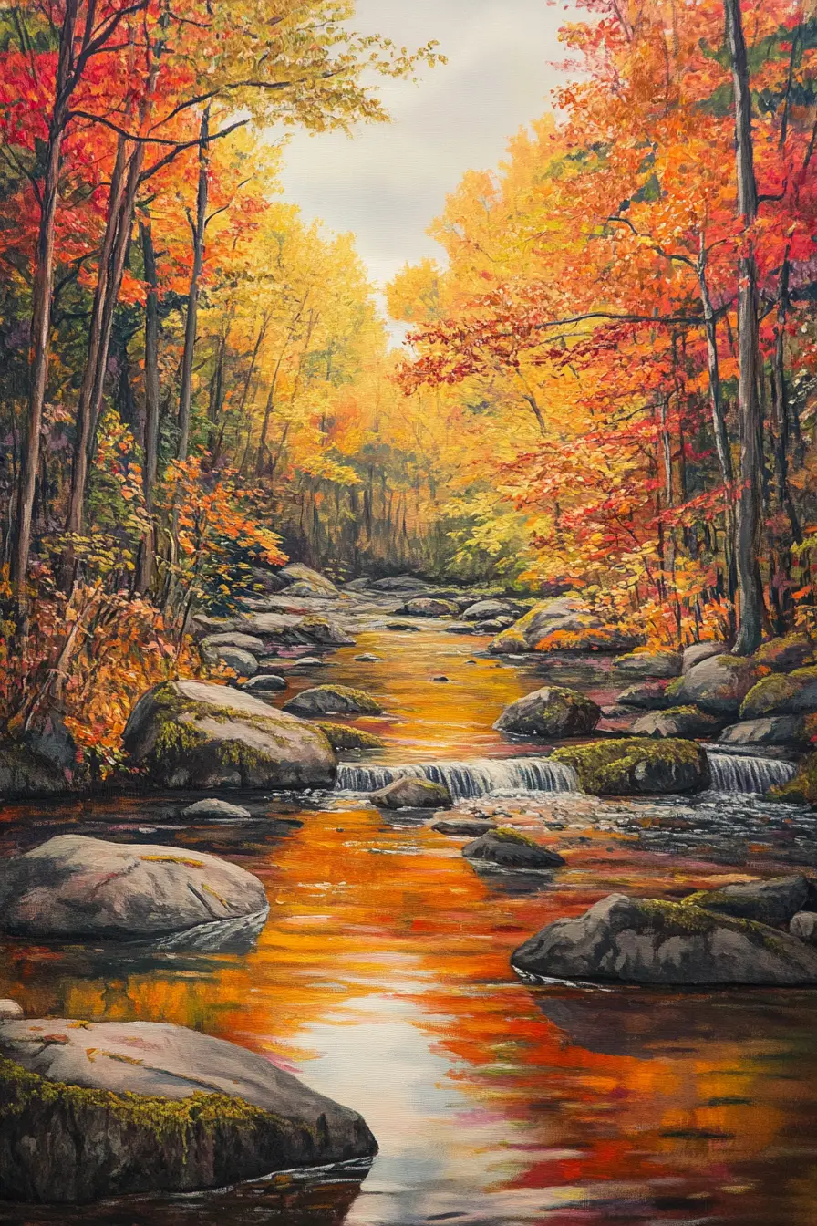 Serene Autumn Forest River In Warm Sunlit Colors