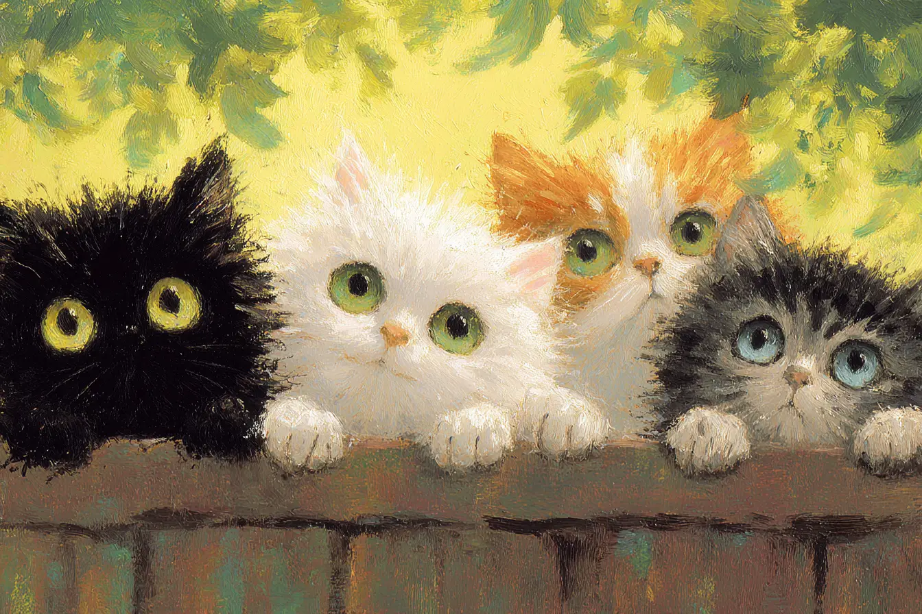 Four fluffy kittens peeking over a rustic wooden rooftop