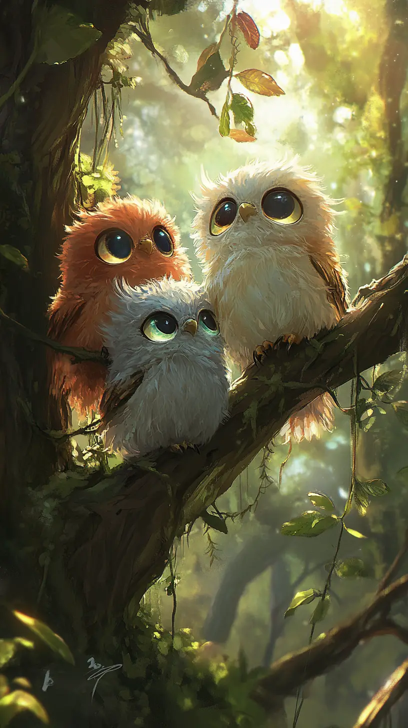 Whimsical baby owls in a glowing magical forest