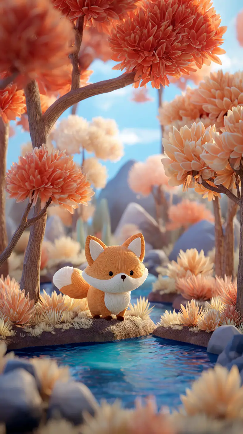 Cute fox by a pond in an autumn mountain landscape