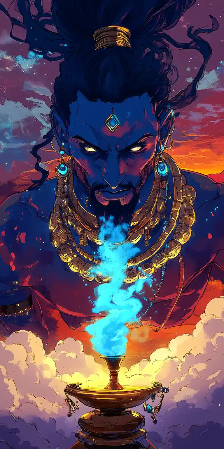 Blue genie rising from brass lamp in desert sunset