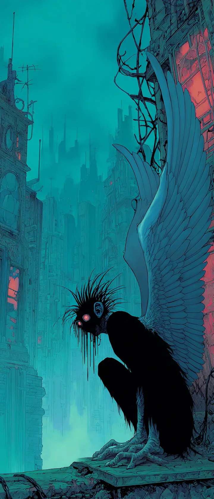 Fallen archangel with chrome wings over dystopian city
