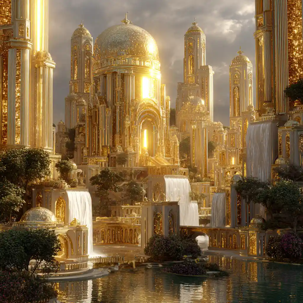 Celestial golden city of crystal towers and waterfalls