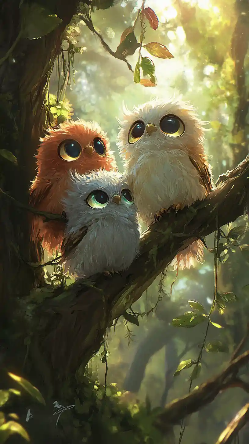 Whimsical baby owls in a glowing magical forest