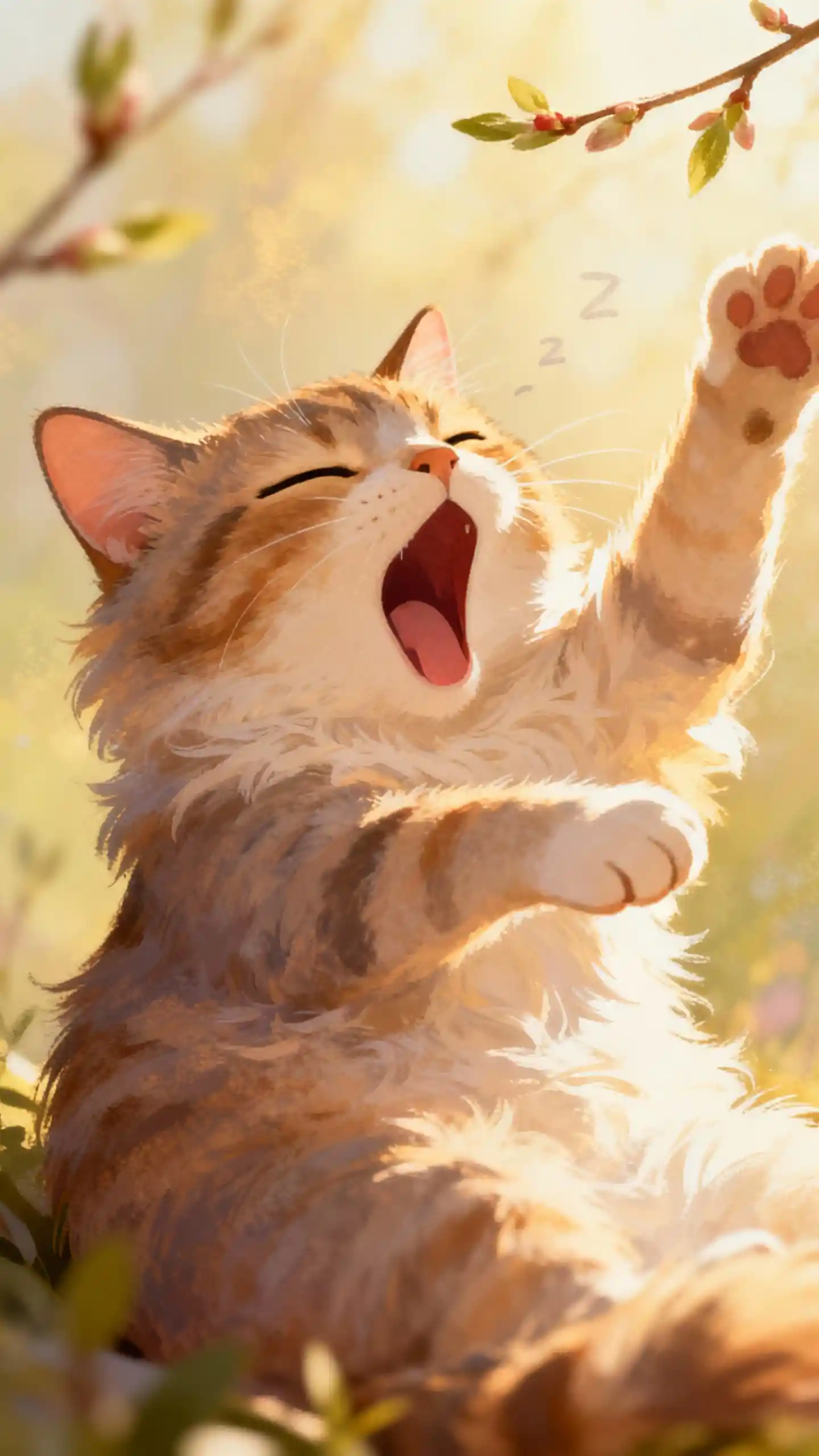 Gatto assonnato che sbadiglia e si allunga verso la luce di inizio primavera