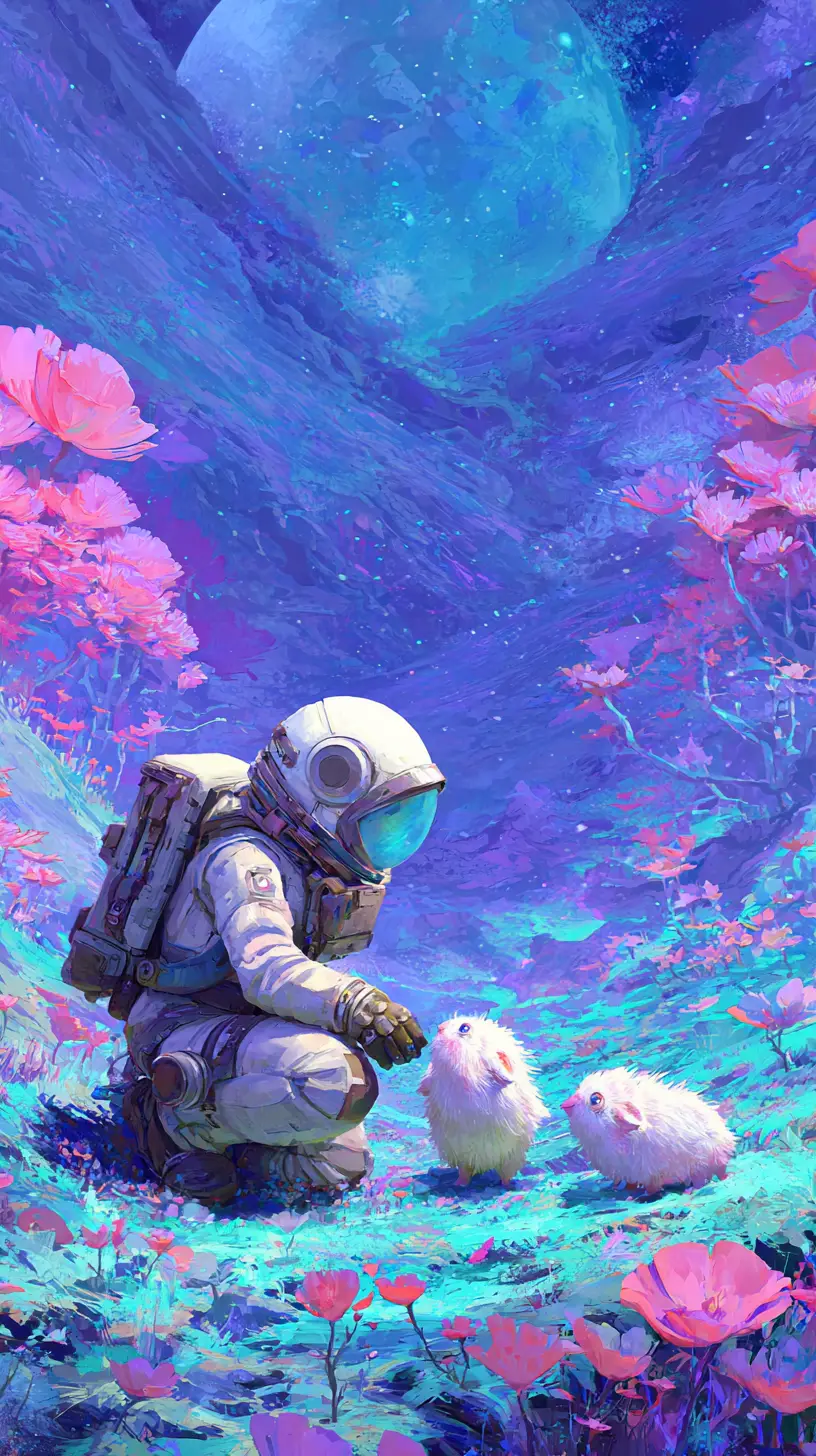 Space traveler meeting cute alien creatures in fantasy landscape