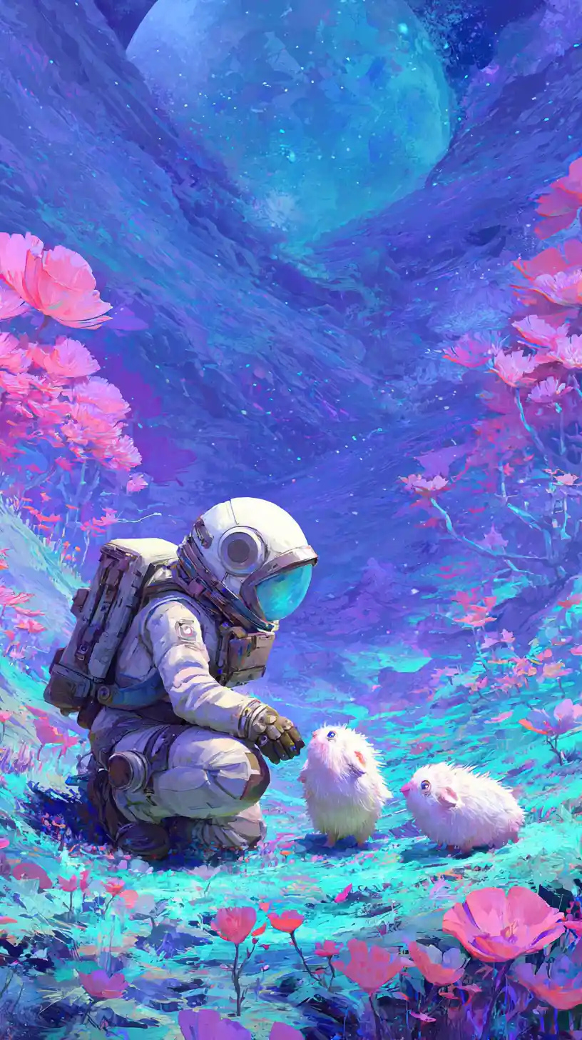 Weltraumreisender trifft niedliche Alien-Kreaturen in fantasievoller Landschaft