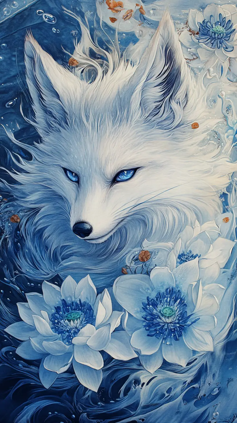 White fox with lotus flowers by a floating lake
