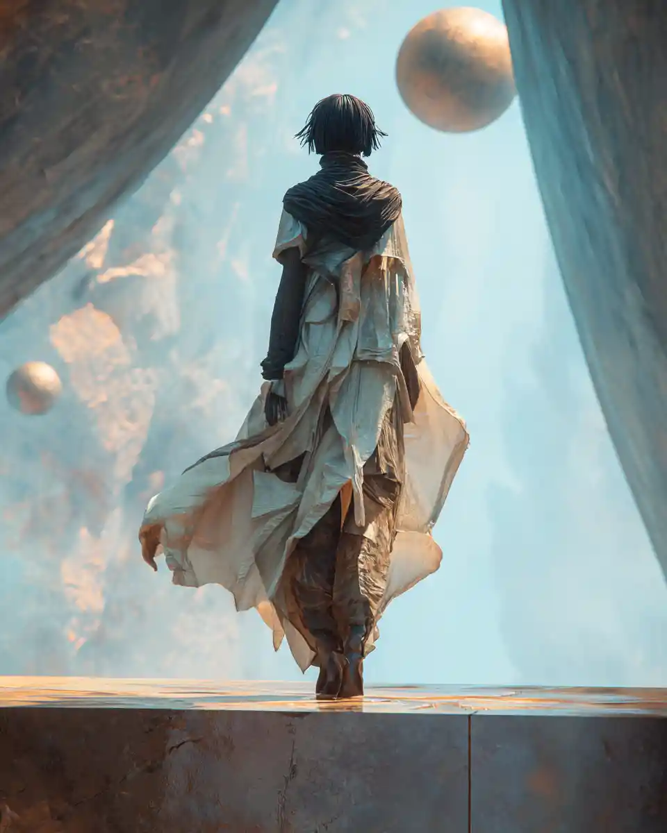 Woman on a bridge above a glowing dimensional rift