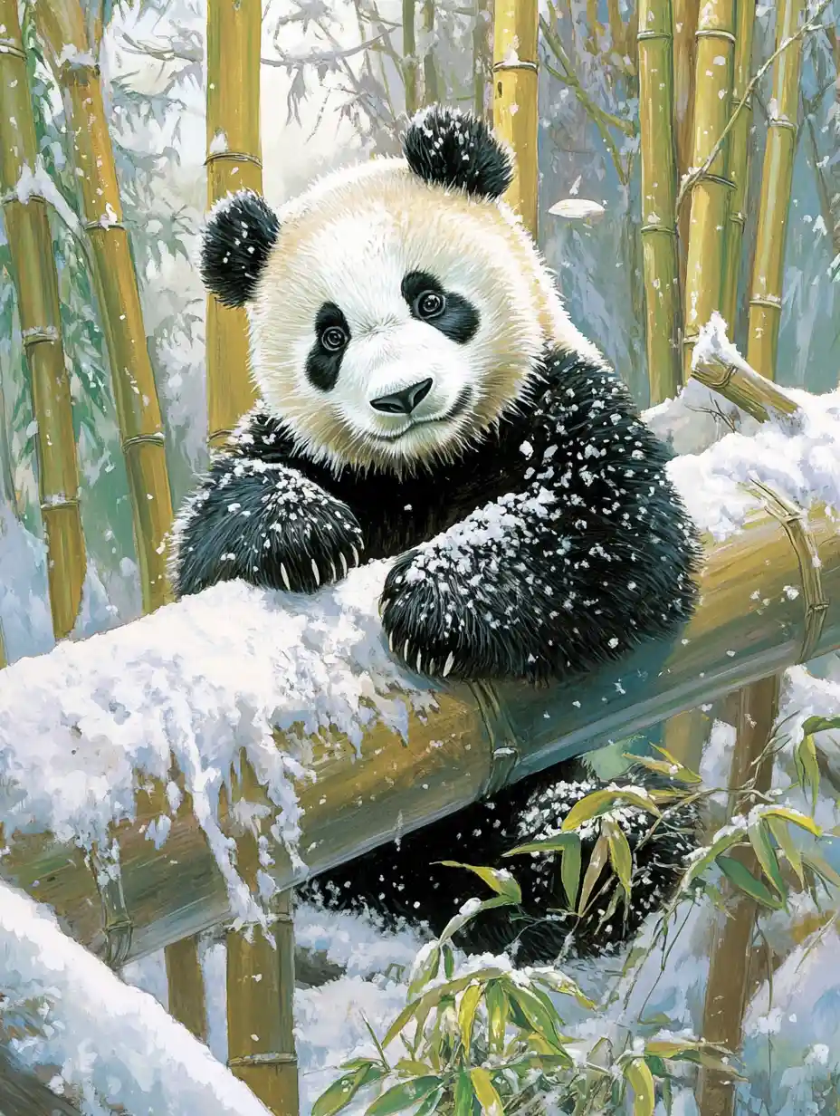 Panda che riposa sul bambù innevato in un dipinto accademico