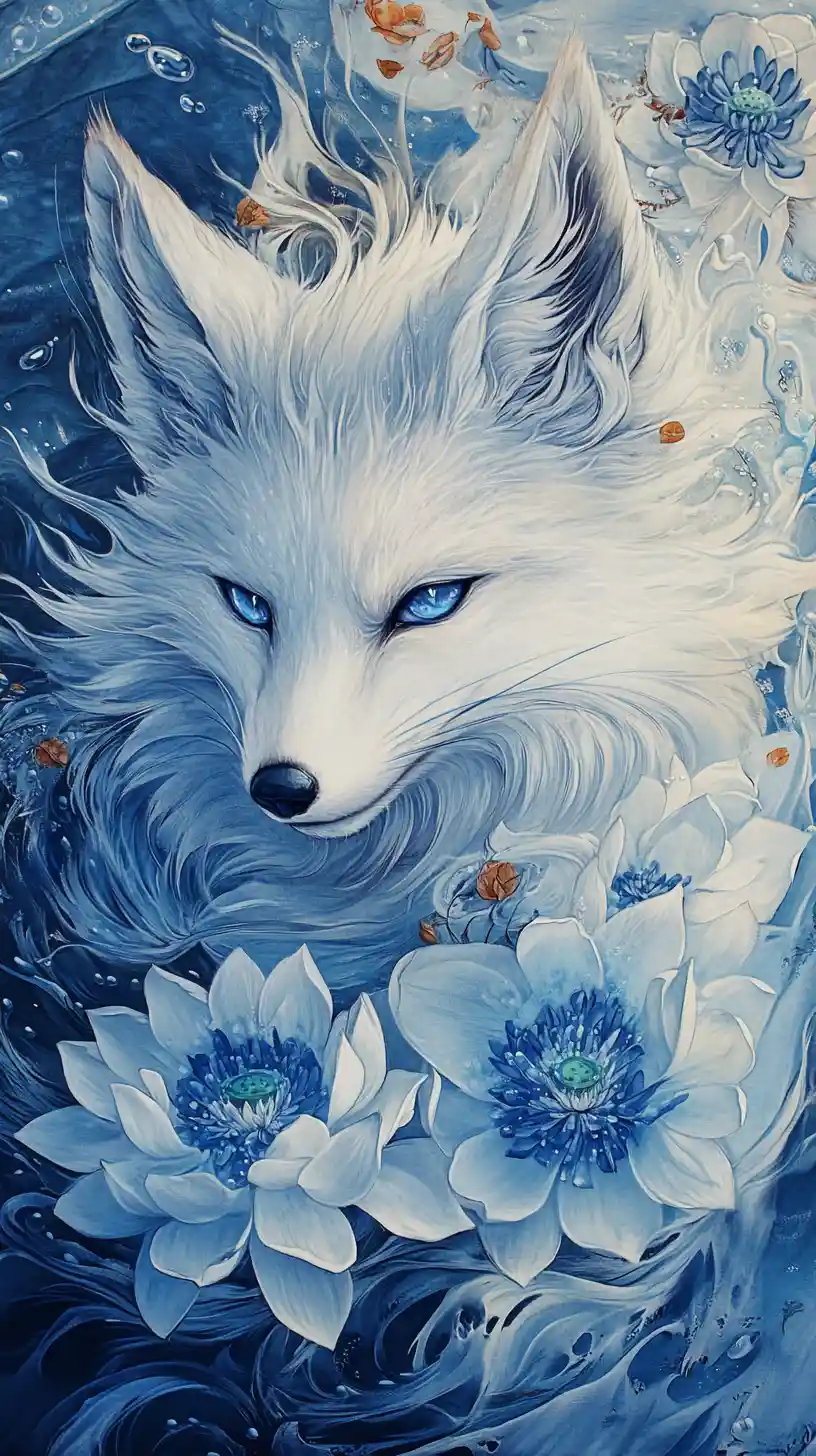 Volpe bianca con fiori di loto presso un lago fluttuante