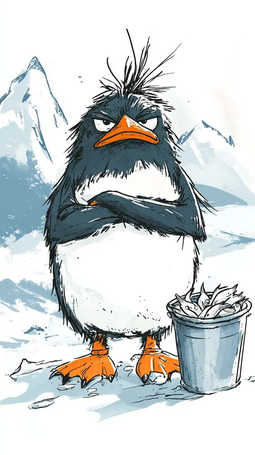 Angry Cartoon Penguin On Thin Ice With Fish Bucket