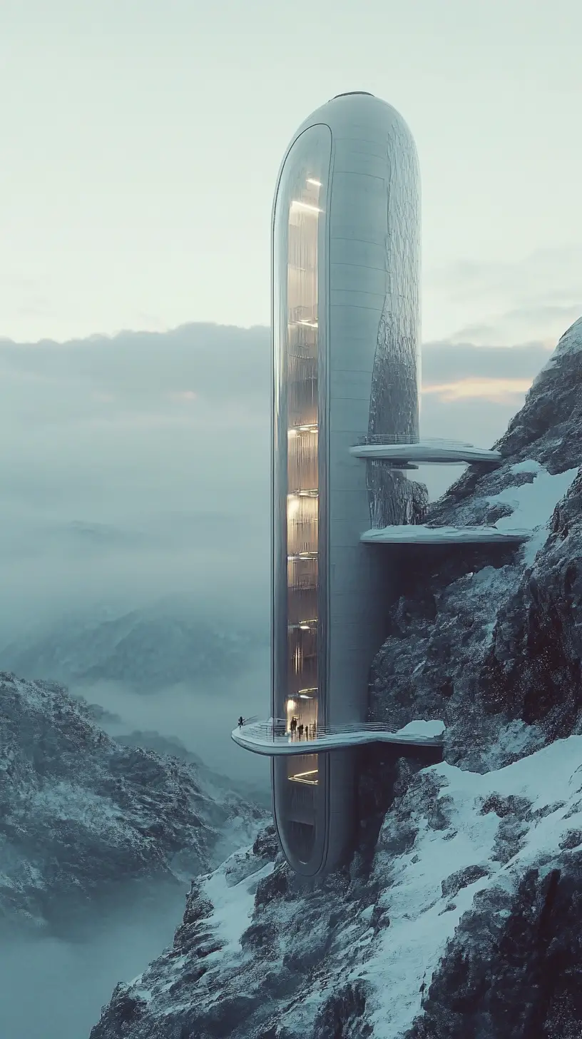 Futuristic Mountain Architecture With Exterior Capsule Elevator