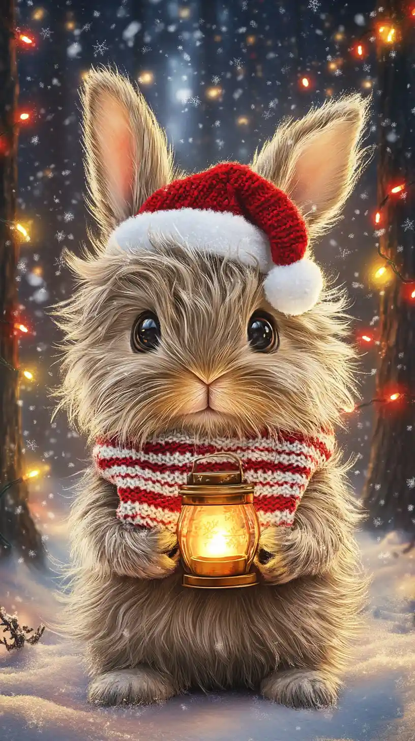 Cozy Baby Rabbit With Lantern In Winter Forest