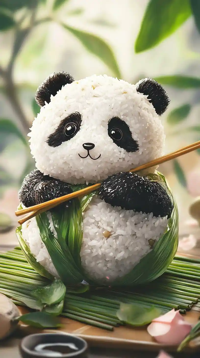 Realistic giant panda zongzi on green leaf mat