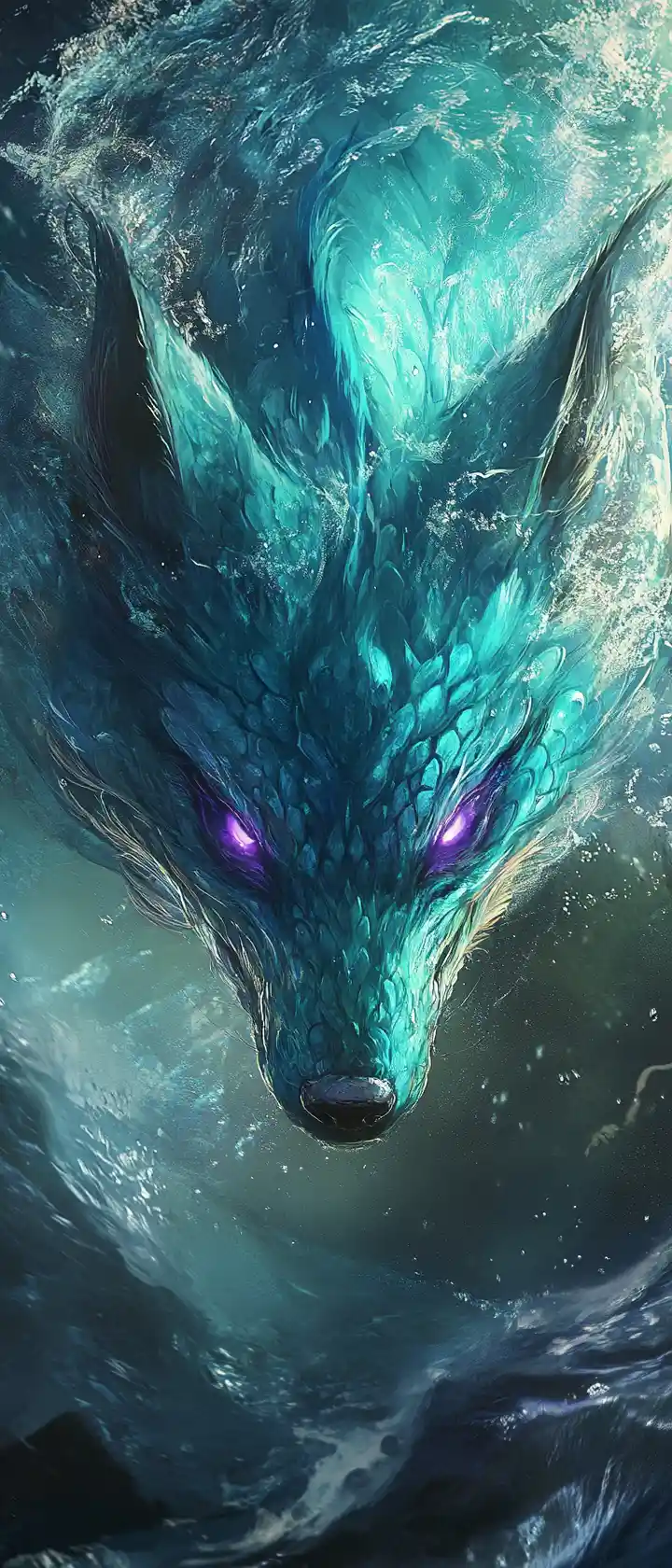 Fox woman with teal scales swimming in the ocean