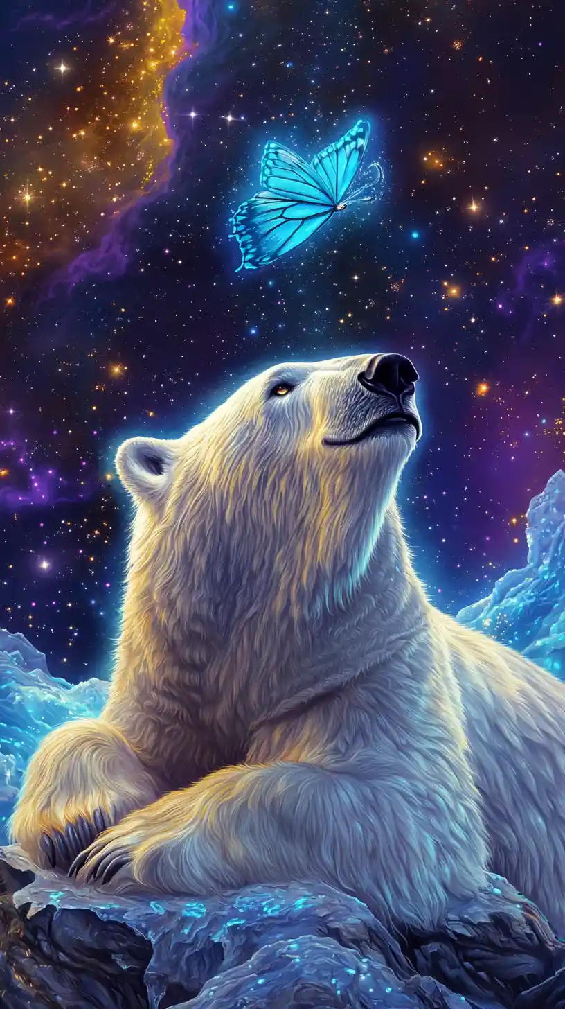 Ritratto Mistico di Orso Polare sotto il Cielo Notturno Cosmico