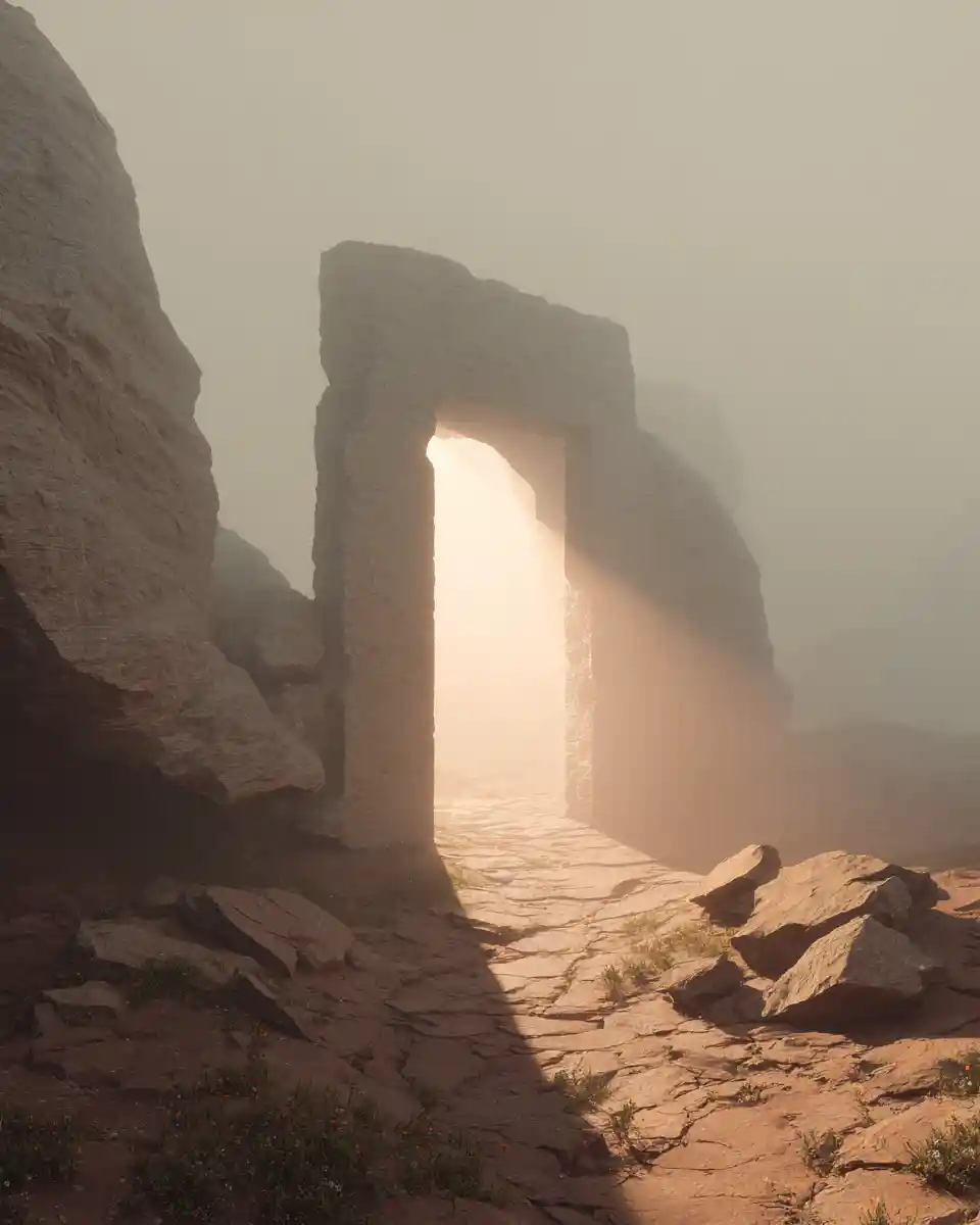 Ancient Stone Archway With Subtle Cosmic Rift In Desert