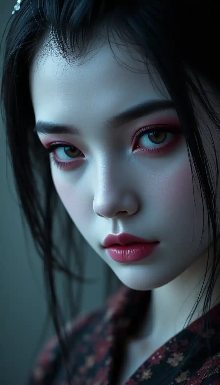 Monochrome Portrait Of A Tender Geisha With Cobalt Eyes