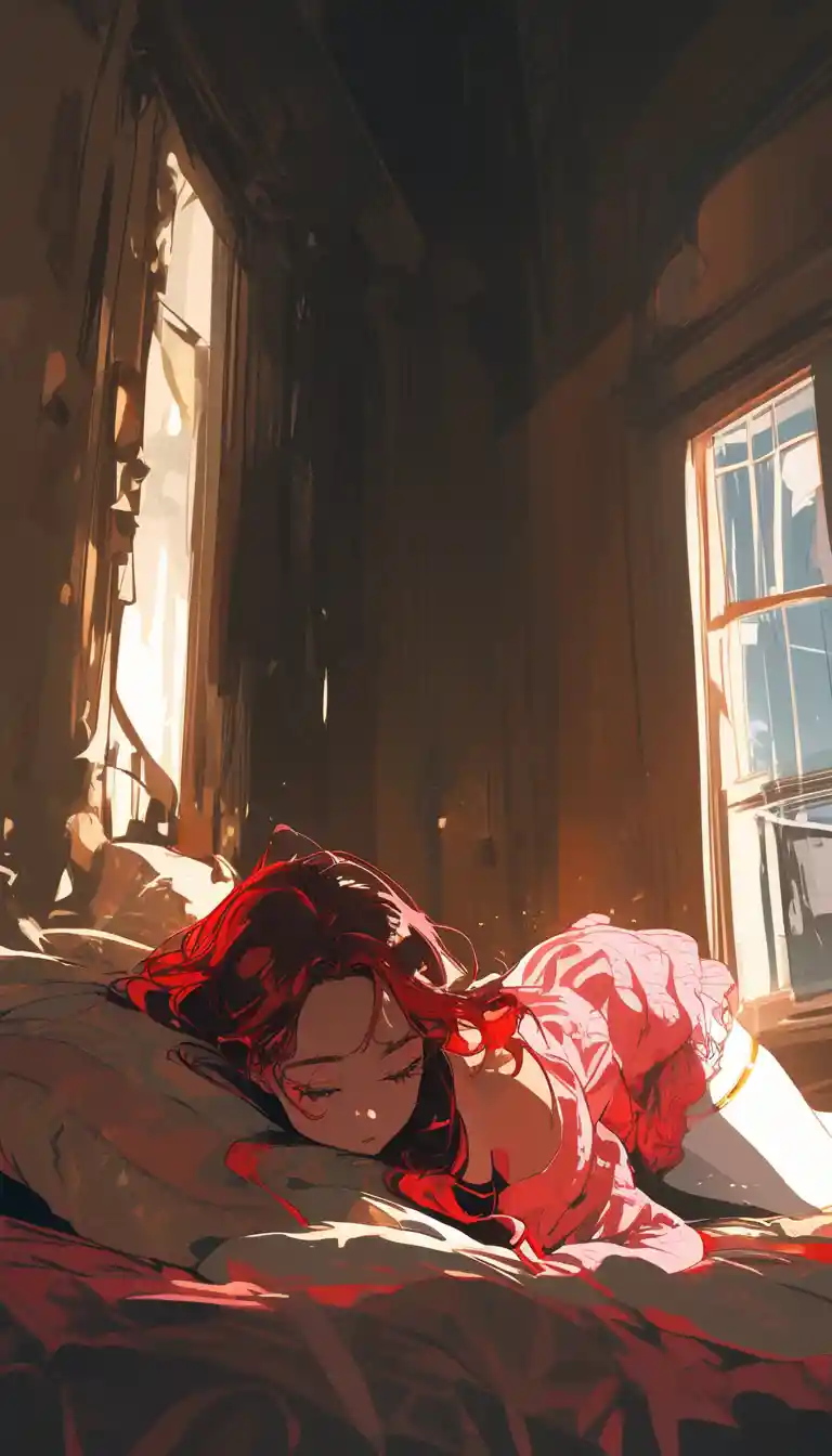 Elegant Irish woman lying on a bed in warm window light