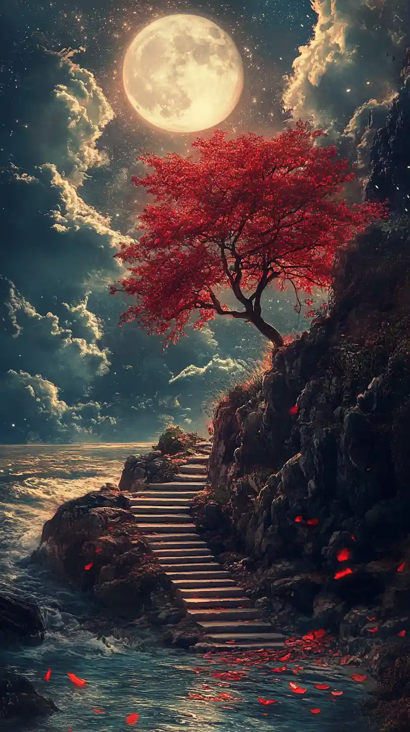 Albero fantasy surreale con foglie rosse sotto la luna piena