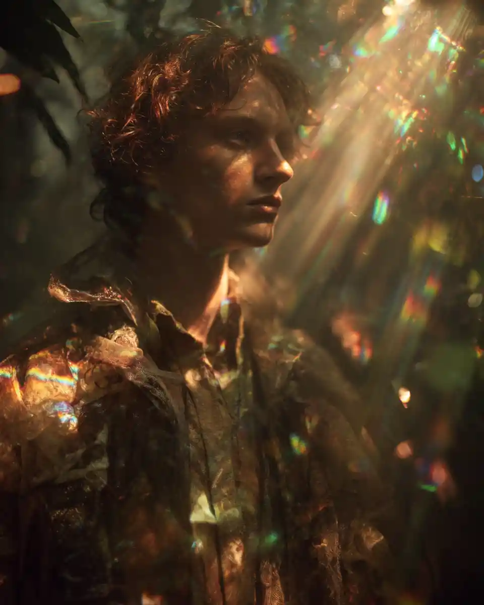 Young figure in a twilight forest glade of drifting light