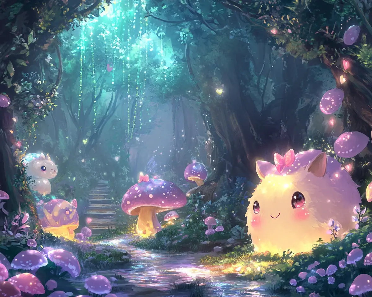 Kawaii Anime Forest With Glowing Mushrooms And Cute Animals
