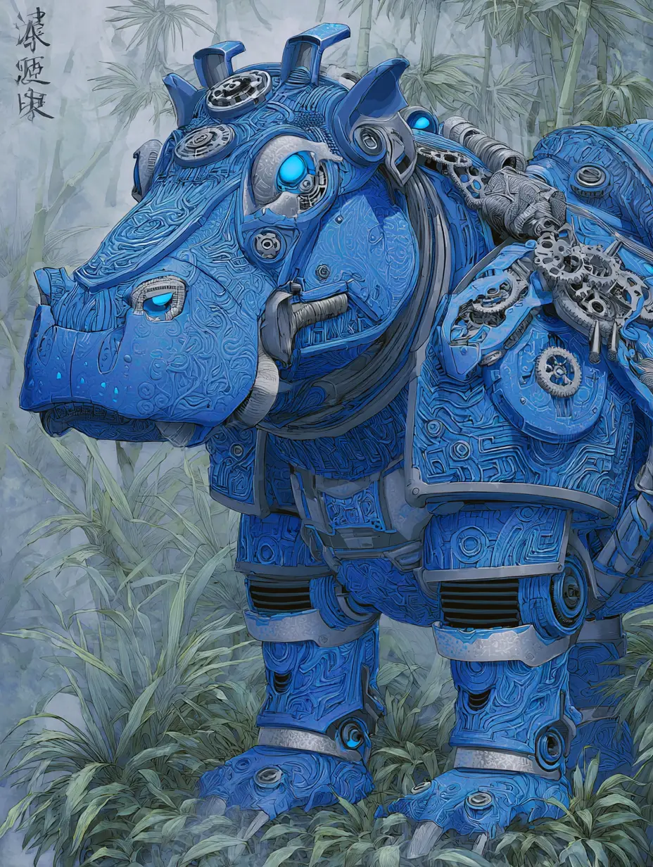 Hippo Samurai Mecha In Blue Armor In Foggy Jungle