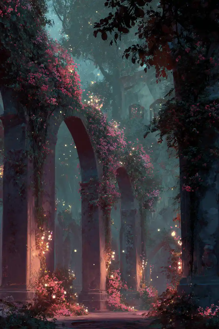 Abandoned city park overgrown with magical sentient vines