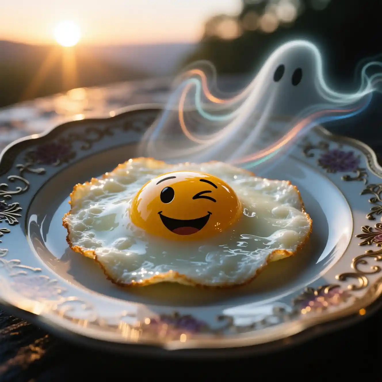 Desayuno de huevo emoji sonriente en plato ornamentado al amanecer