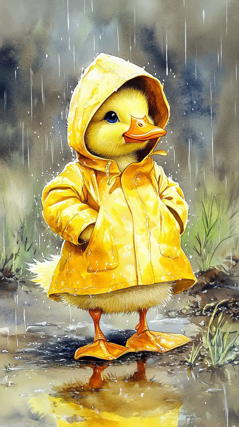 Cute yellow duck in raincoat dancing in farm puddle