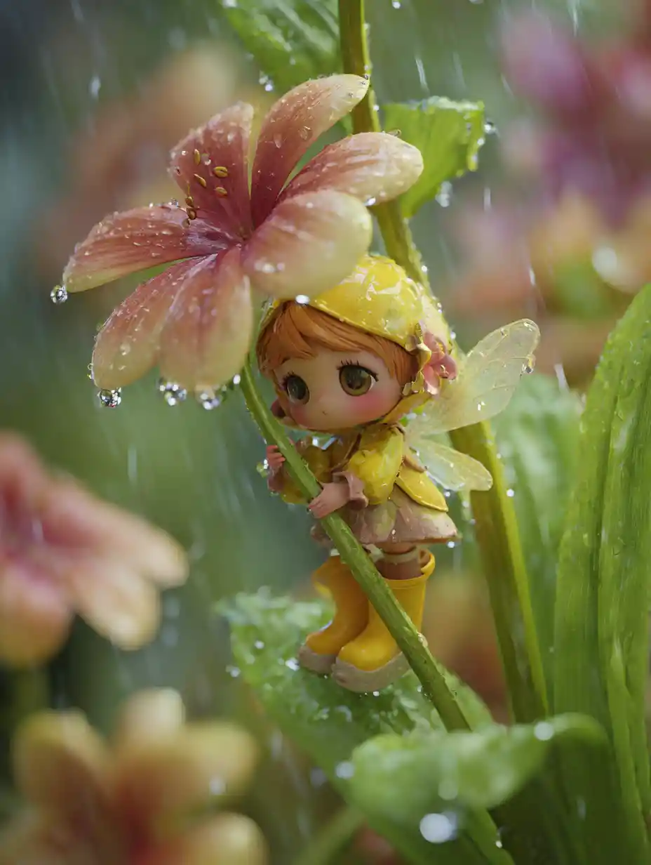 Tiny flower fairy in spring rain with yellow boots