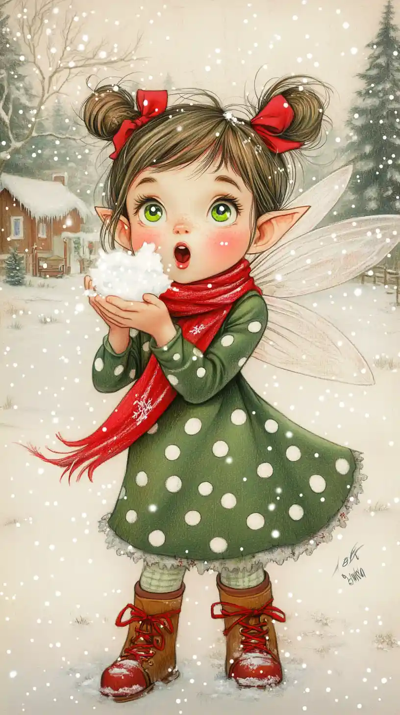 Fairy girl blowing snow in a winter village illustration